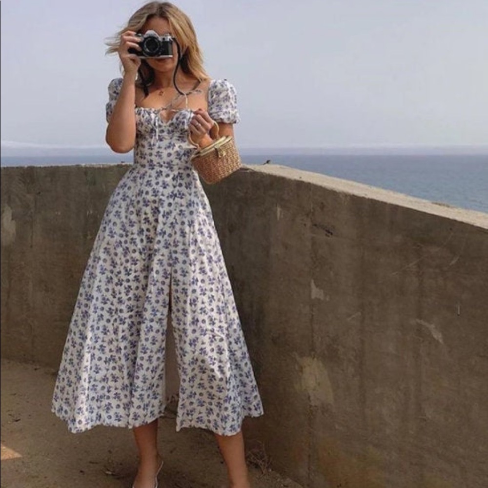 NEW Cottage Core Blue Floral Midi Dress with Slit